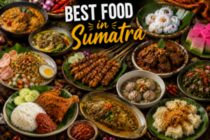Best Food in Sumatra featuring authentic traditional Sumatran cuisine including Beef Rendang, Sate Padang, Soto Medan, Mie Aceh, Gulai Ikan, Ayam Pop, Gulai Tunjang, Bika Ambon, Lemang, and other famous Indonesian local specialties.