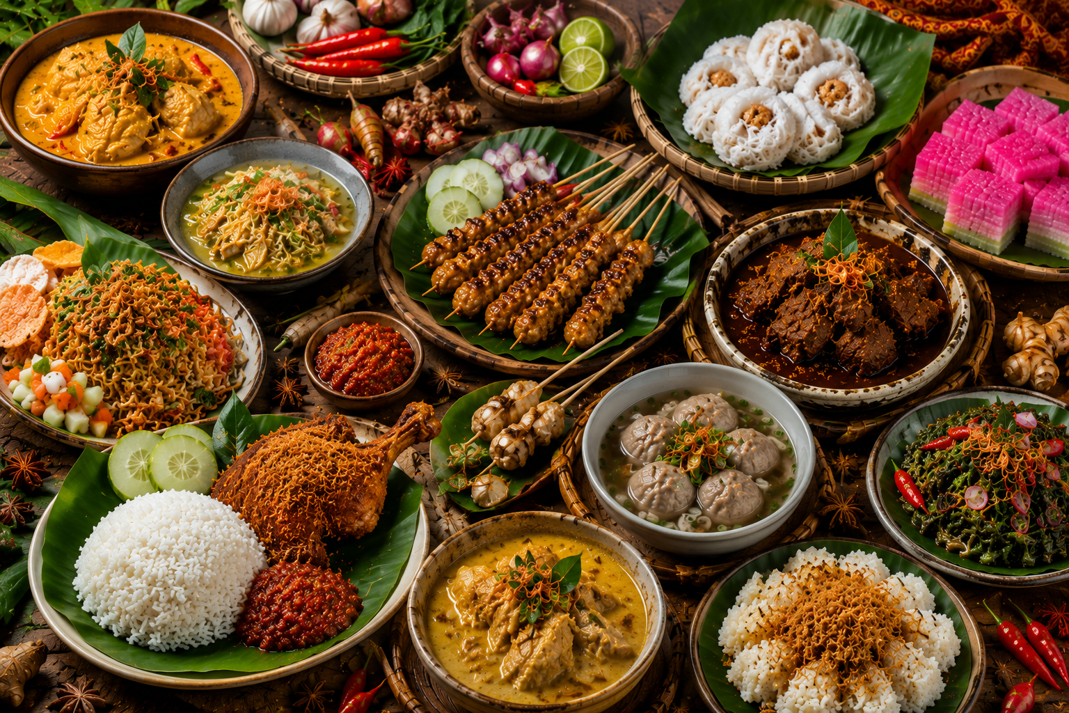Best Food in Sumatra featuring authentic traditional Sumatran cuisine including Beef Rendang, Sate Padang, Soto Medan, Mie Aceh, Gulai Ikan, Ayam Pop, Gulai Tunjang, Bika Ambon, Lemang, and other famous Indonesian local specialties.