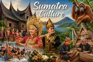 Traditional Sumatra culture featuring ethnic tribes, traditional houses, cultural dances, local musicians, handicrafts, authentic cuisine, Lake Toba, mountains, and Sumatran orangutans in Indonesia.