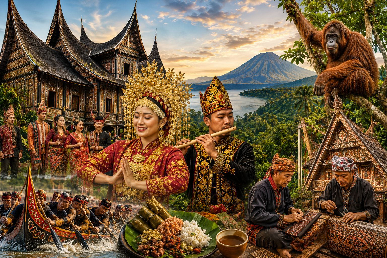 Traditional Sumatra culture featuring ethnic tribes, traditional houses, cultural dances, local musicians, handicrafts, authentic cuisine, Lake Toba, mountains, and Sumatran orangutans in Indonesia.