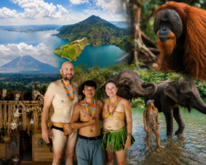 Travelers exploring North Sumatra featuring the Mentawai Tribe cultural experience, Sumatran orangutan, Bukit Lawang jungle trekking, Lake Toba, Berastagi, Tangkahan elephants, and Gunung Leuser National Park.