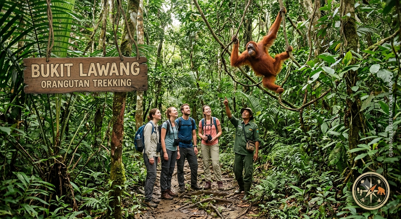 Small group of hikers and guide looking at a wild Sumatran Orangutan swinging in the dense Bukit Lawang rainforest canopy.